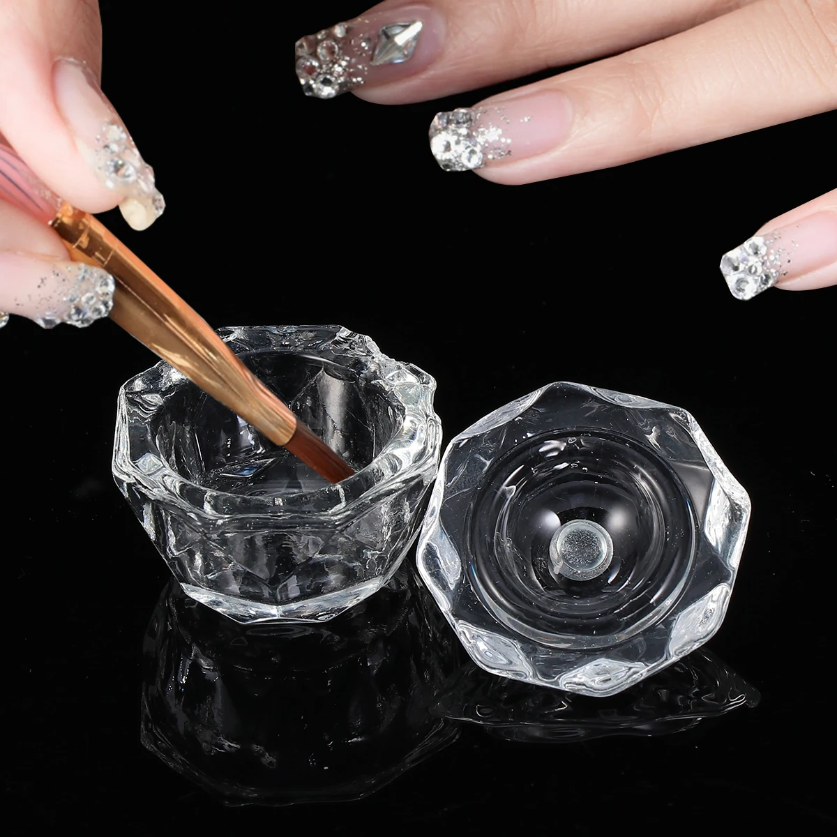 ถ้วยคริสตัล 2 ชิ้น สำหรับทำเล็บ ผสมผงอะคริลิค พร้อมฝาปิด รูปทรงแปดเหลี่ยม ชุดอุปกรณ์ทำเล็บ สำหรับใช้ในบ้านและร้านเสริมสวย