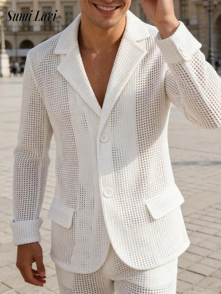 Casual Mens Plaid Textured Jackets Spring Fashion Solid Color Buttoned Turn-down Collar Blazer Men Jacket Coat Vintage Outerwear