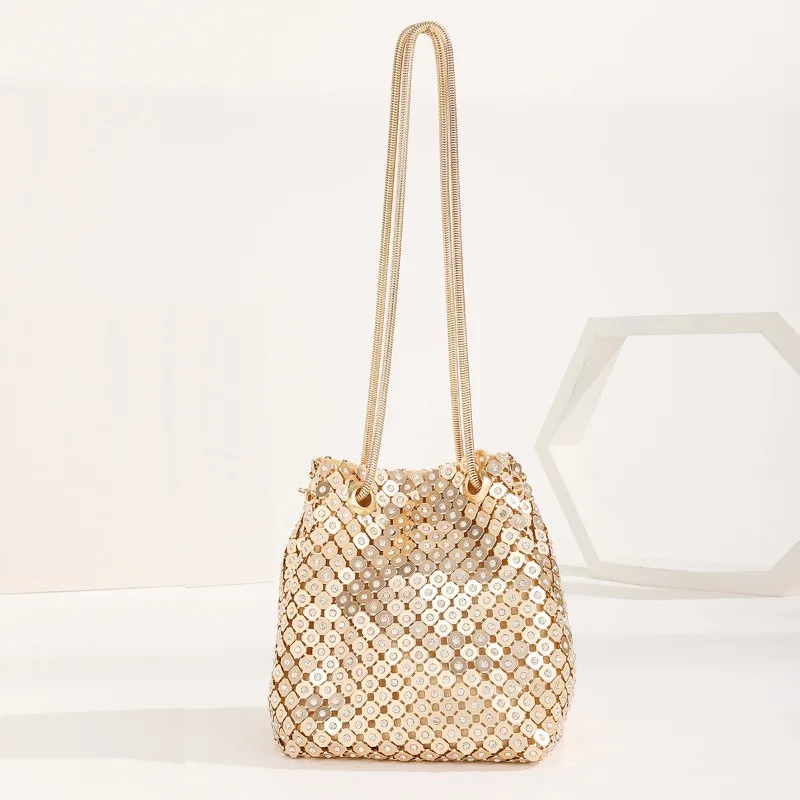 Fashion Rhinestone Shiny Evening Bag Women's Gold Crossbody Bucket Bags 2025 New Aluminum Sheet Shoulder Bag Chic Gliter Handbag