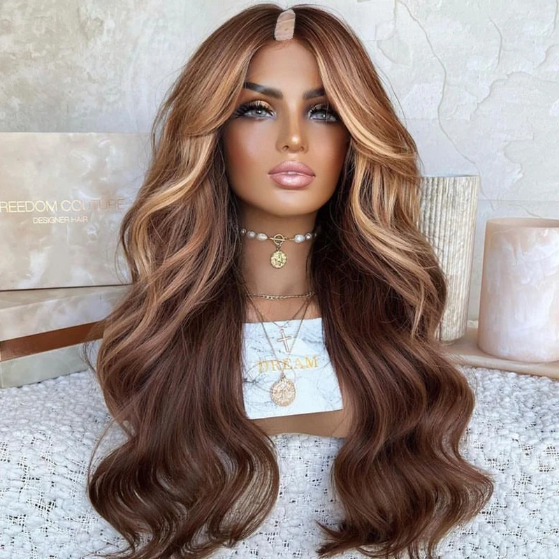 

Ash Brown Rose Blonde Highlights V Part Wigs Virign Ombre Body Wave Human Hair Side/Middle t U Shape Half Wig 250% Density Full