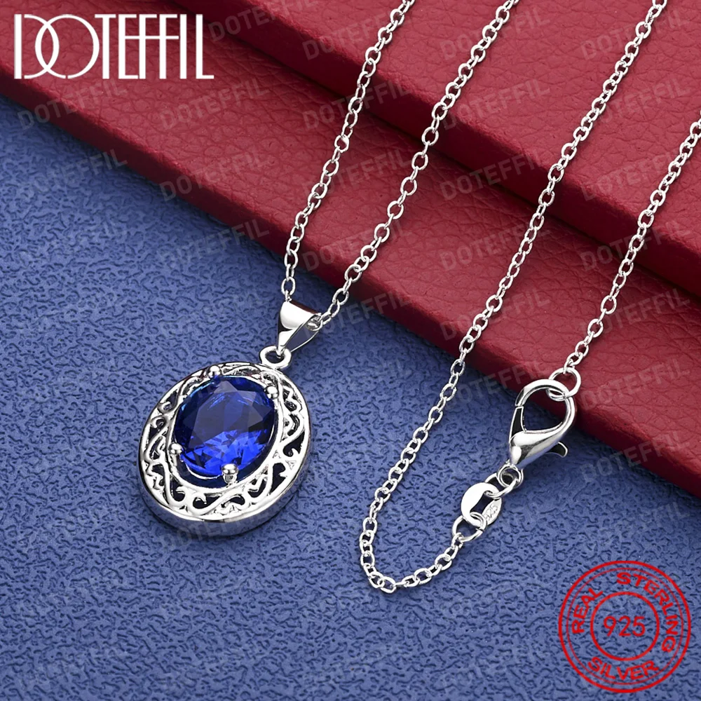 

925 Sterling Silver Exquisite Blue Zircon Pendant Necklace for Women, Fashionable Wedding Party Jewelry Accessories