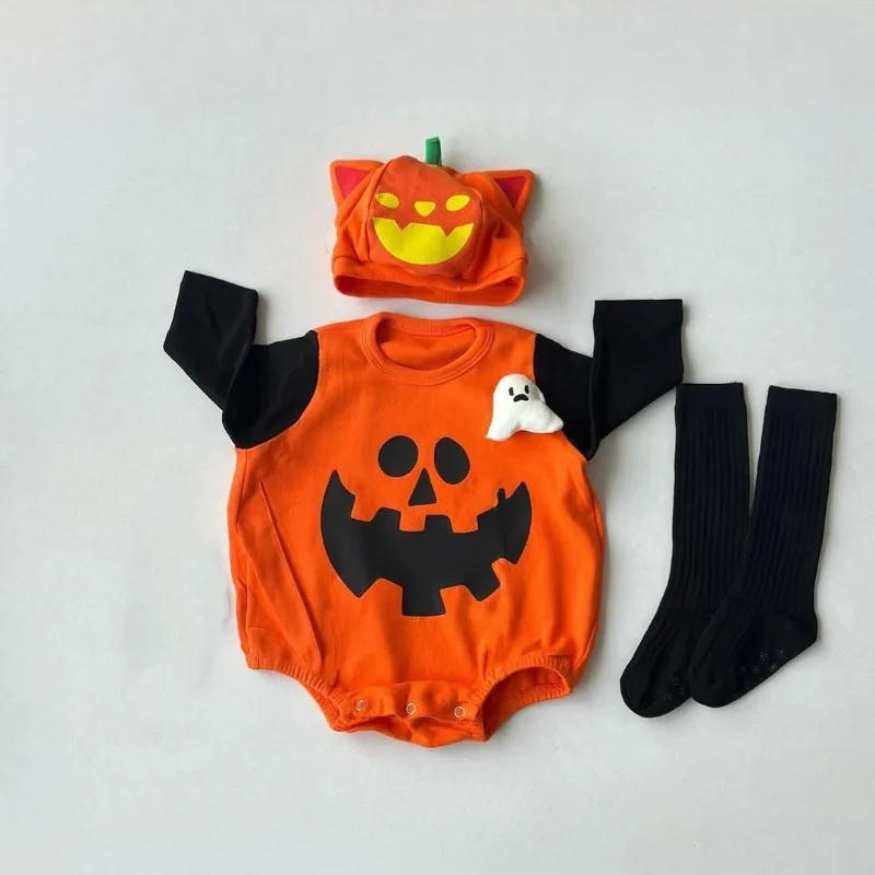 Halloween Baby Bodysuit Outfit Pumpkin Baby Set 3D Ghost Devil Print Romper with Hat Infant Boys Girls Party Carnival Costume