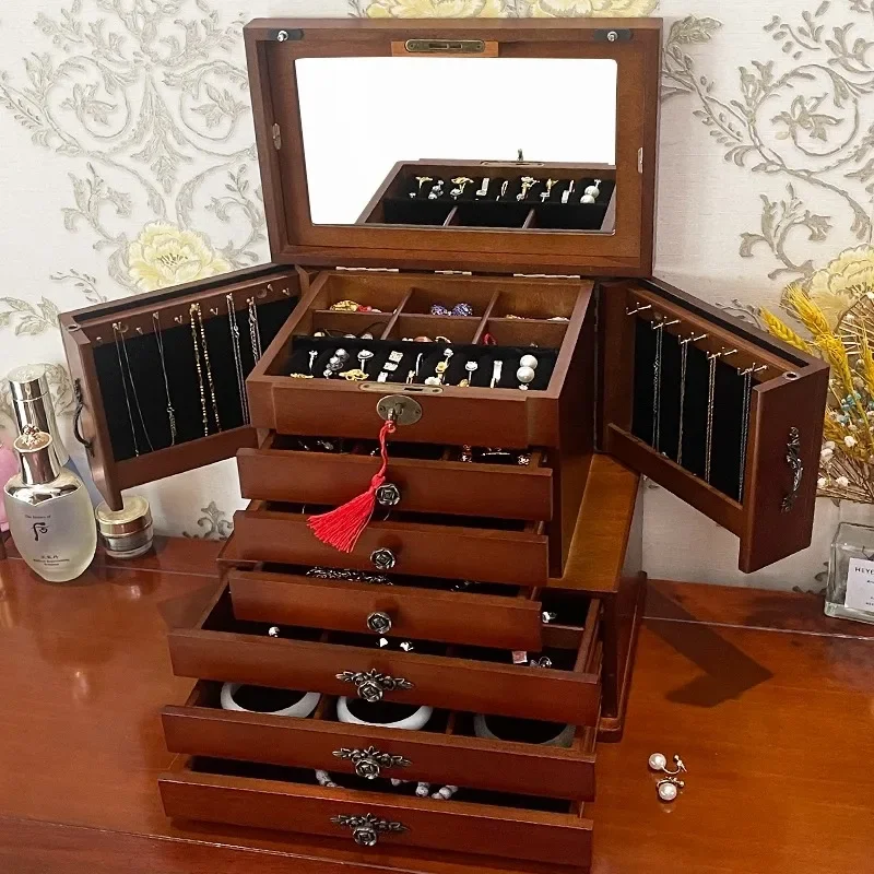 Jewelry storage box with lock solid wood exquisite European necklace ring earrings retro hand jewelry jewelry storage box