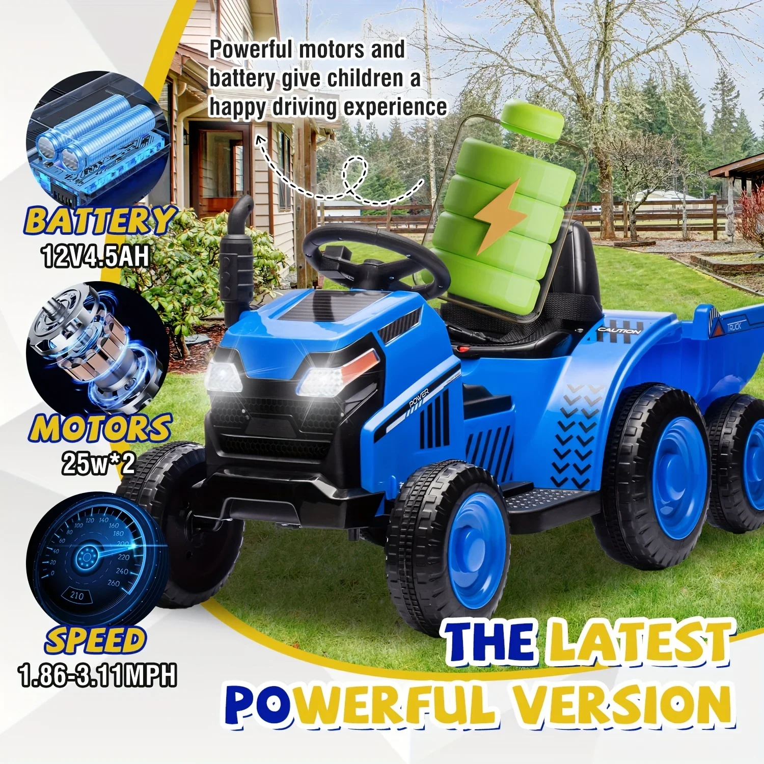 Elektrische tractor voor kinderen van 3-6 jaar, 12V opritspeelgoedvoertuig, met afneembare aanhangwagen, antislipbanden, muziek/MP3 en USB