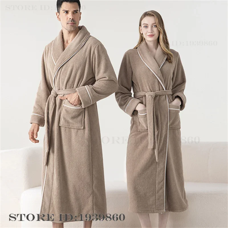 Thicken Flannel Men Women Sleepwear Winter Couple Long Robe Kimono Bathrobe Homewear Casual Coral Fleece Nightwear Loungewear