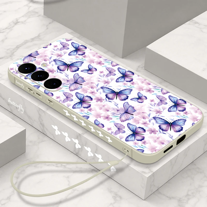 Butterfly Flower Print Lanyard Phone Case For Samsung Galaxy S26 S25 S24 Ultra S23 S25 FE A57 A17 A56 A55 A37 A36 a16 A15 Cover