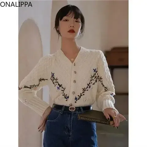 Onalippa Vintage Embroidery Hook Flower Knitted Cardigan V Neck Slouchy Style Puff Long Sleeves Cardigans French Chic Sweater