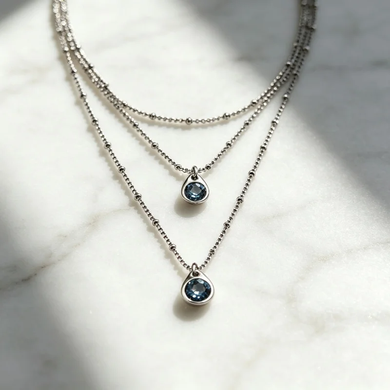Multi-Strand Chain Pendant Necklace with Blue Crystal - Alloy & Crystal, Layered Women's Jewelry, 49-53.5 cm, Gift for Her