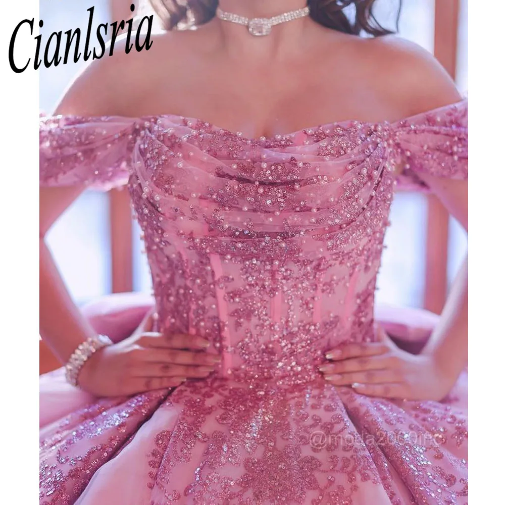 Vestidos de encaje de lentejuelas rosas para quinceañera, vestidos de baile de princesa de 15 y 16 años