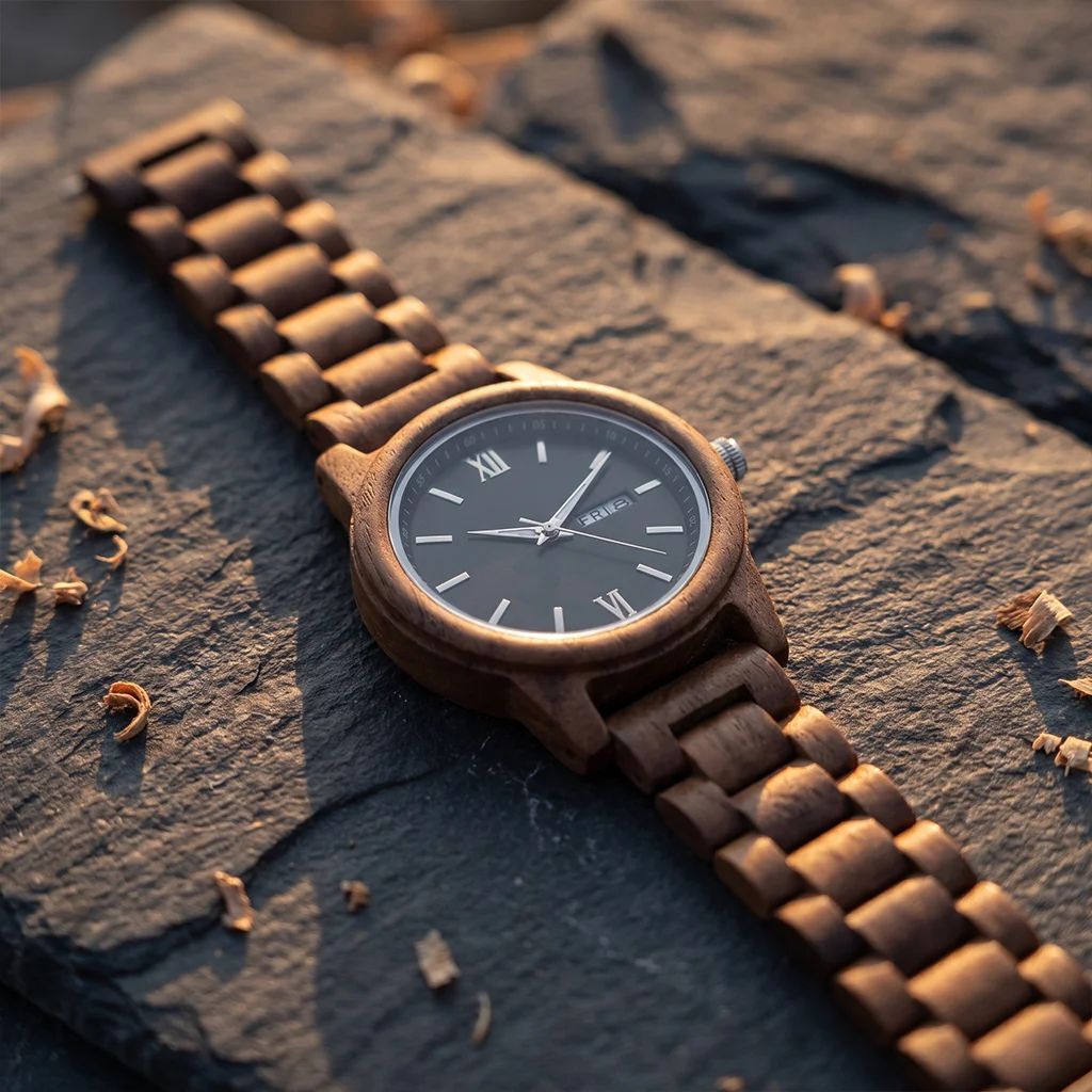 Men's Wooden Quartz Wristwatch with Date and Week Display description 6