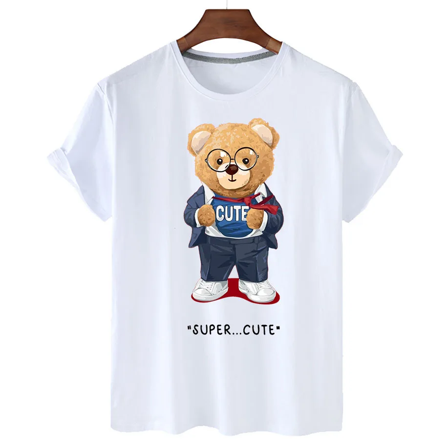 

100% Cotton Literary Bear Print T-shirt Women's Summer Short Sleeve T-shirt 2022 Women's Fashion Shirt Unisex O-neck T-shirt