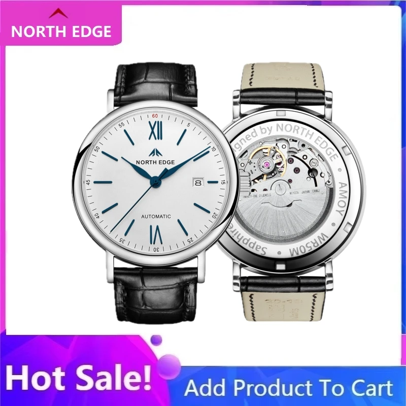 NORTH EDGE Amoy Men Watch 41mm Luxury Automatic Mechanical Men's Stainless Steel Sports Sapphire 50M Waterproof Date Wristwatch