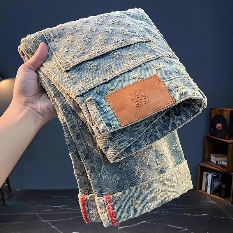 

Мужские облегающие прямые джинсы American High Street Vibe, повседневные длинные брюки с вышивкой, модные джинсы с микро-клеш