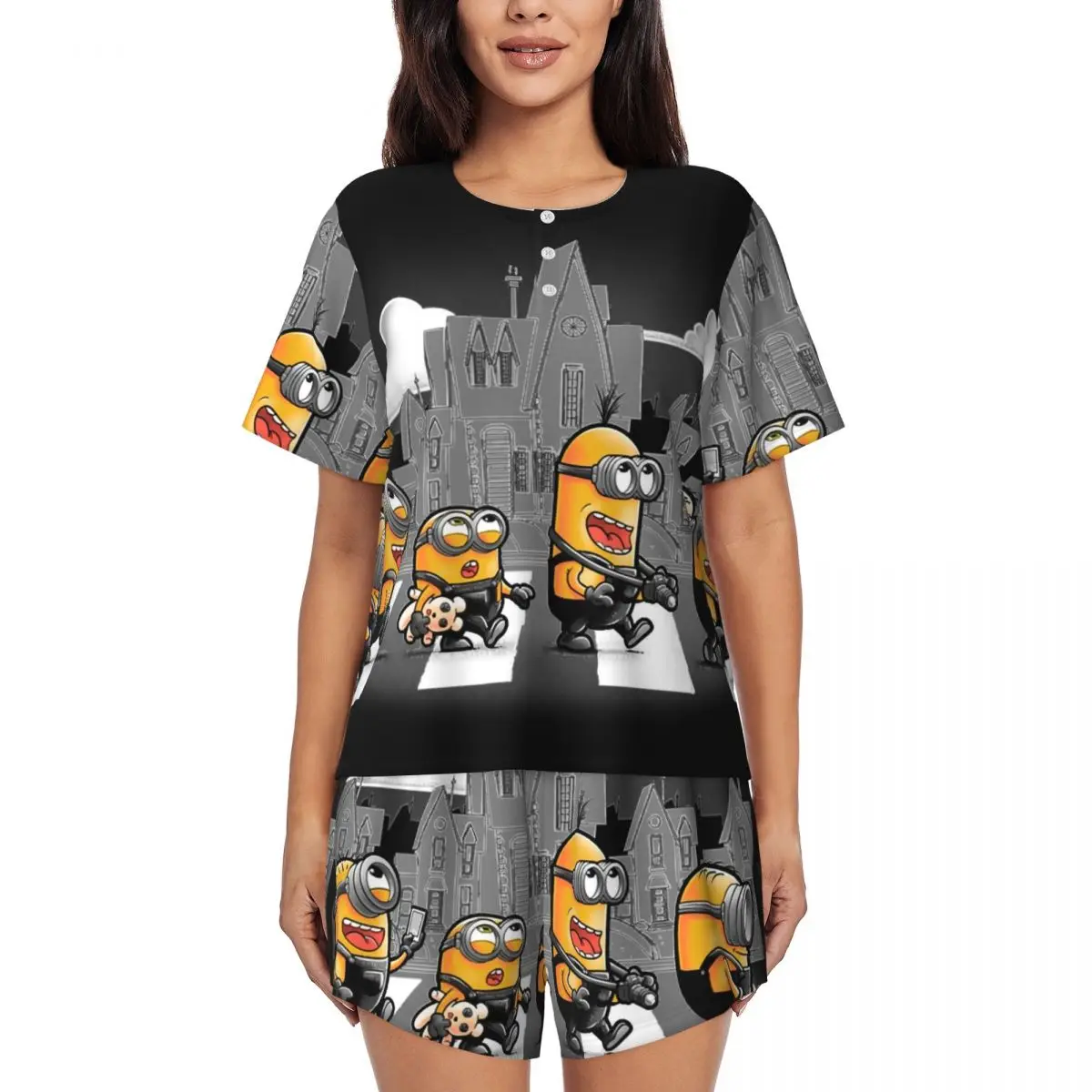 Custom Cartoon Animation Minions Road Pajamas Set for Women 2-Piece Short Sleeve Sleepwear Loungewear PJ Shorts Sets