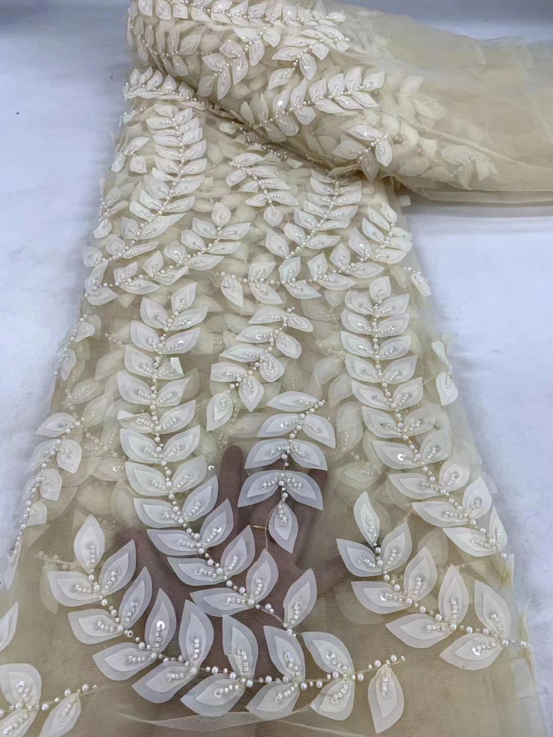 

3D three-dimensional laser leaf embroidery sequin bead tube embroidery, high-end lace embroidery wedding dress garment fabric 5