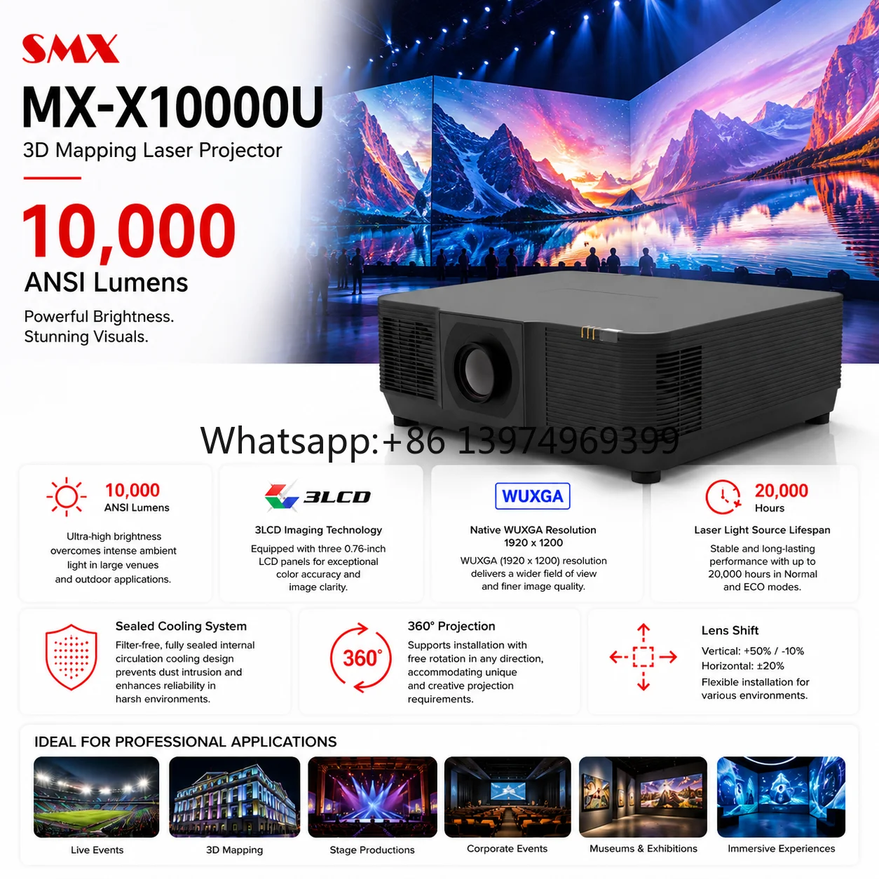 Professional 10000 Lumens WUXGA 3LCD Laser Projector 360 Degree Installation for Museum Immersive Exhibition B2B Wholesale