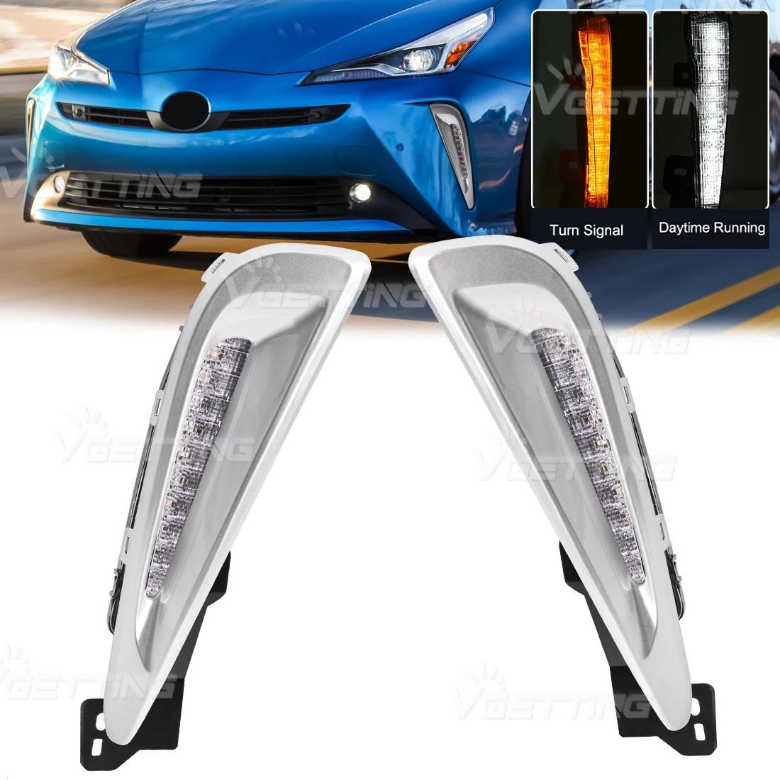 

Car LED Daytime Running Light For Toyota Prius 2019 2020 2021 2022 2023 White DRL Yellow Turn Signal Lamp With Chrome Cover Wire