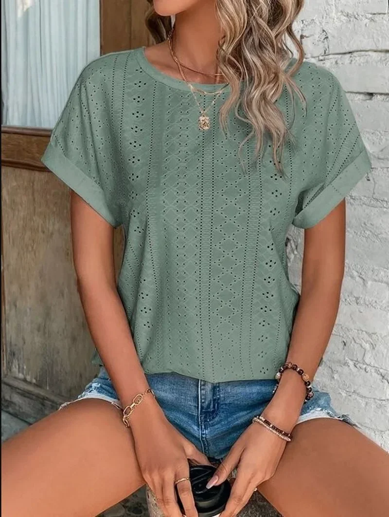 

Women's Elegant Short Sleeve Hollow T-Shirt, Casual Tops, Summer, Solid, S-XXXL, 2023