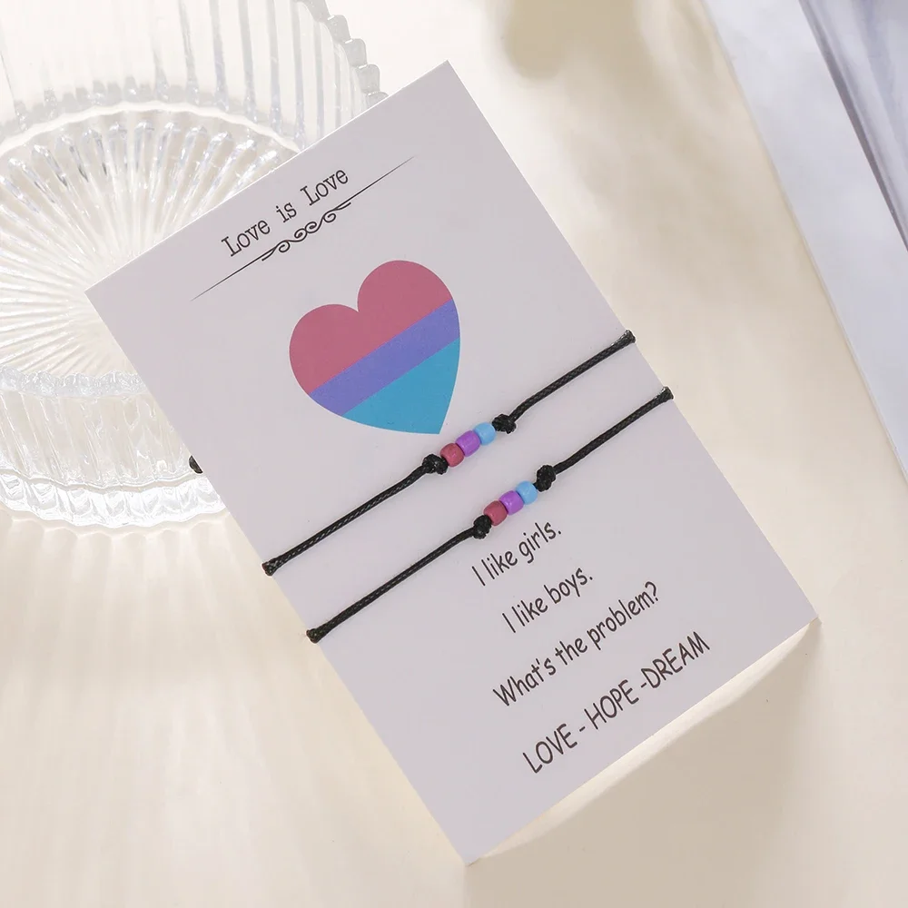 البوهيمي العصرية مطرز أساور ، قوس قزح الملونة الأرز الخرز ، مضفر ، قابل للتعديل ، زوجين ورقة بطاقة ، القلب المجوهرات ، 2 قطعة لكل مجموعة