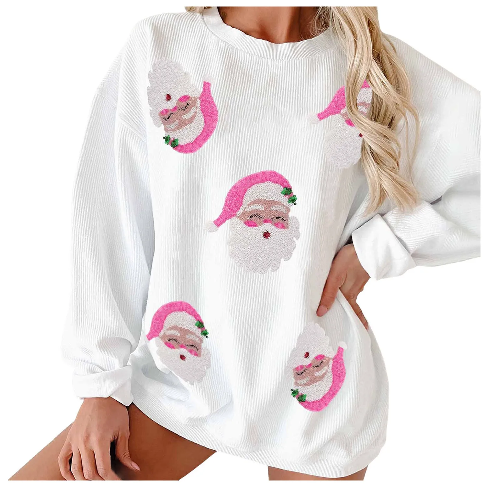 Women Sequin Christmas Print Casual Sweatshirts Cute Cartoon Santa Claus Head Pattern Long Sleeve Crewneck Loose Pullovers Tops