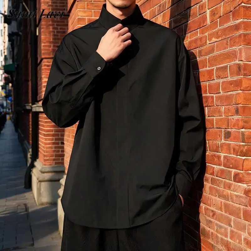 Spring Autumn Stand Collar Shirts Mens Stylish Solid Color Breathable Button Cardigan New Men Long Sleeve Loose Black Shirt