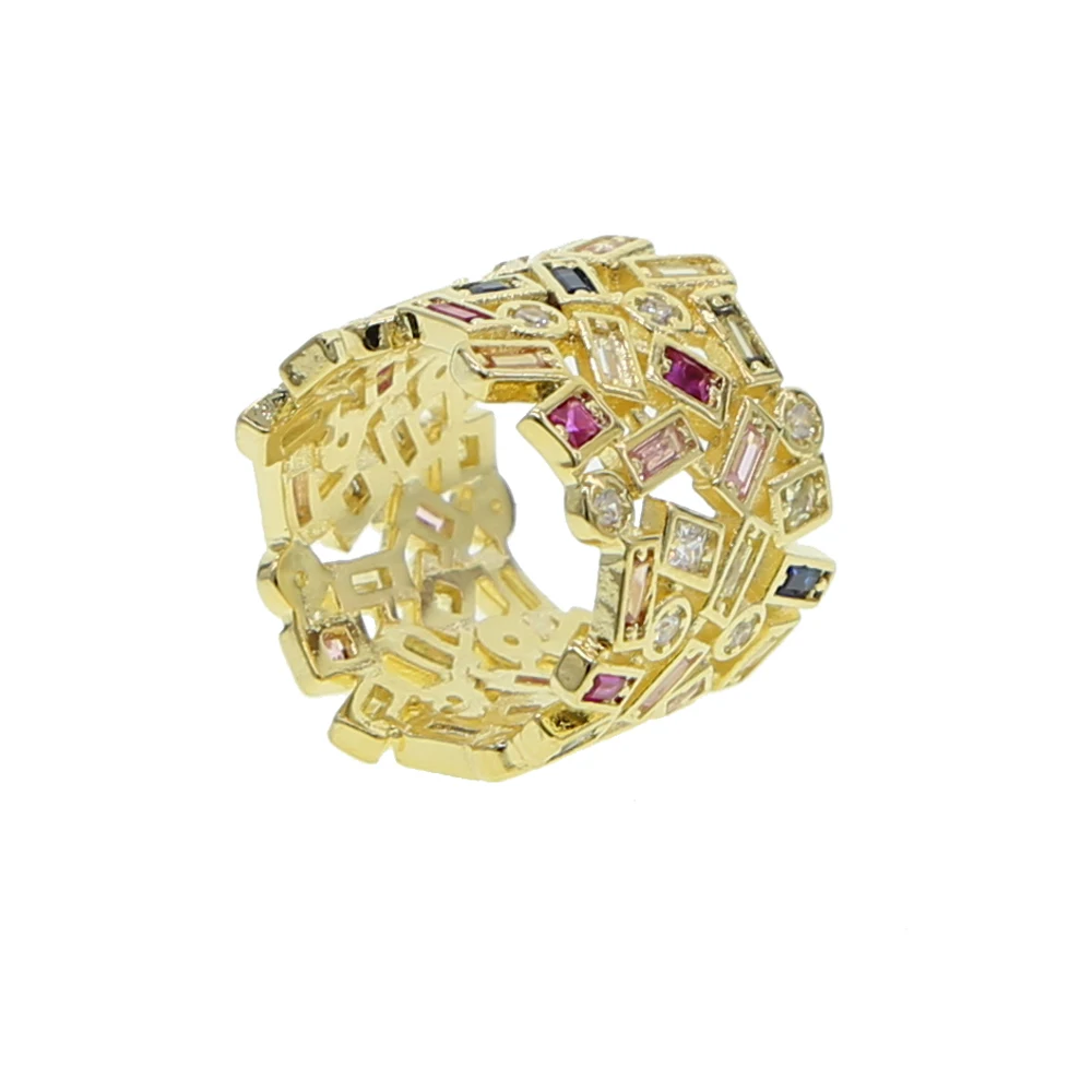 Anillos de dedo de cara ancha de circonia cúbica multiforma geométrica para mujer ajuste de bisel piedra colorida Color chapado en oro para fiesta