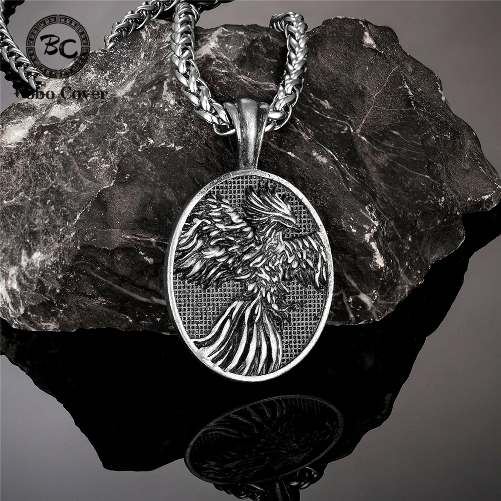 Vintage Nordic Phoenix Necklaces Mens Vikings Fire Bird Antique Silver Color Pendant With Stainless Steel Chain Women Jewelry