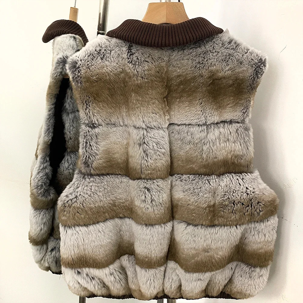 OFTBUY Knit Collar Zip Up Two Sides Wear Fur Waist Coat Women Reversible Real Rabbit Fur Vest New Winter Fur Clothing Female