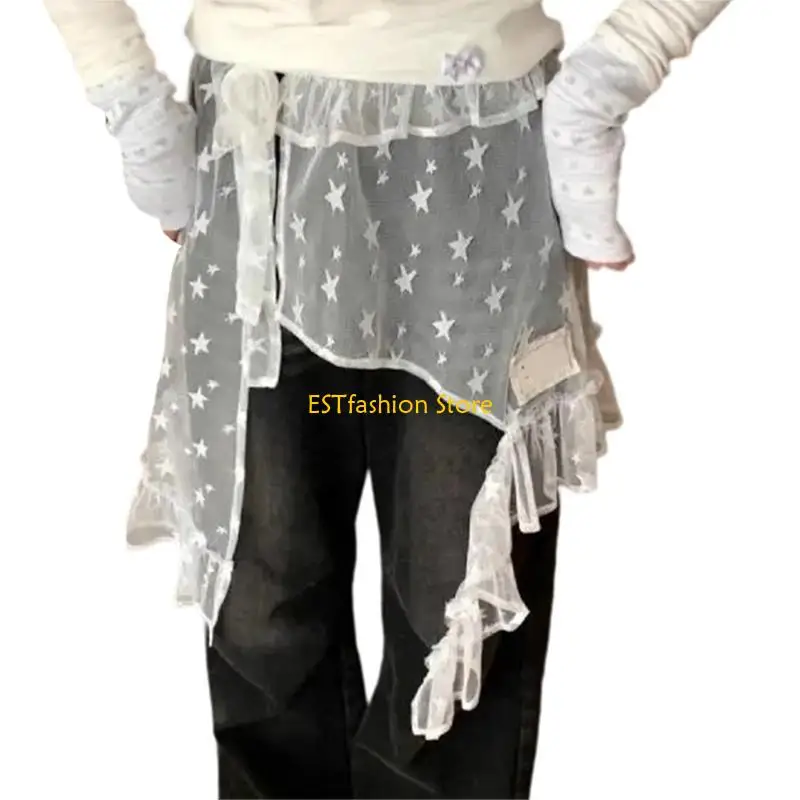 Y5GC Women Star Gauze Short Apron Skirt Irregular Split Ruffle Overskirt Hip Scarf Tie Waist A Line Half Skirt Shirt Extender