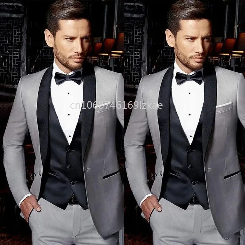 

Men's Suits Grey Jacket Pants Black Vest 3 Piece Shawl Lapel Single Breasted Wedding Groomsmen Slim Fit Terno Elegant Party Set