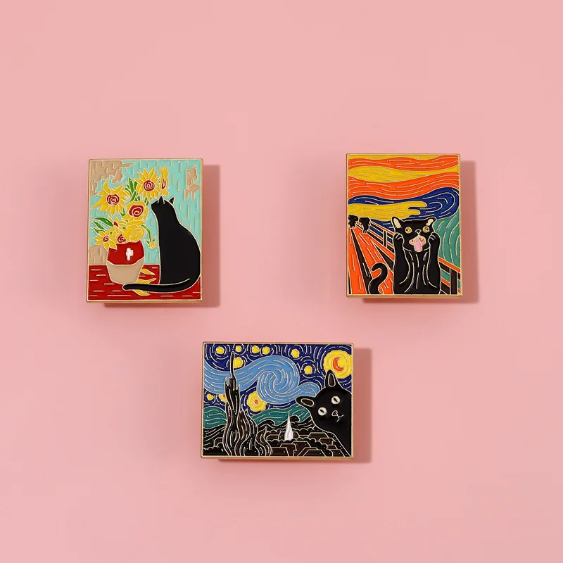 Art Painting Enamel Brooch Abstract Black Cat Starry Jungle Dog Rice Field Pink Metal Badge Punk Lapel Pins Jewelry Accessories