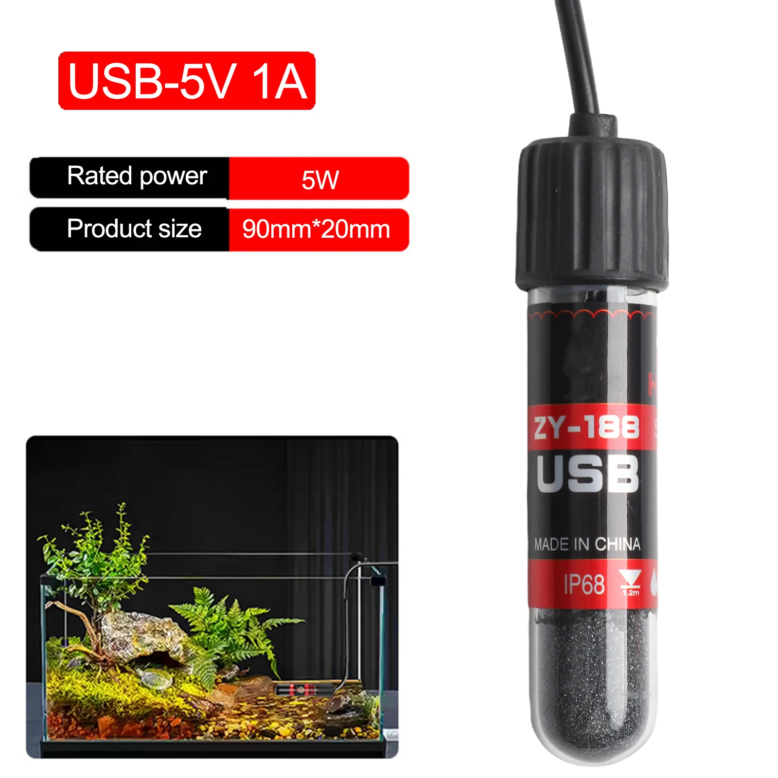 5/10/15W Plastic Fish Tank Heating Rod USB Heating Quick Heating Level Indicator Automatic Temperature Control For Fish Tank