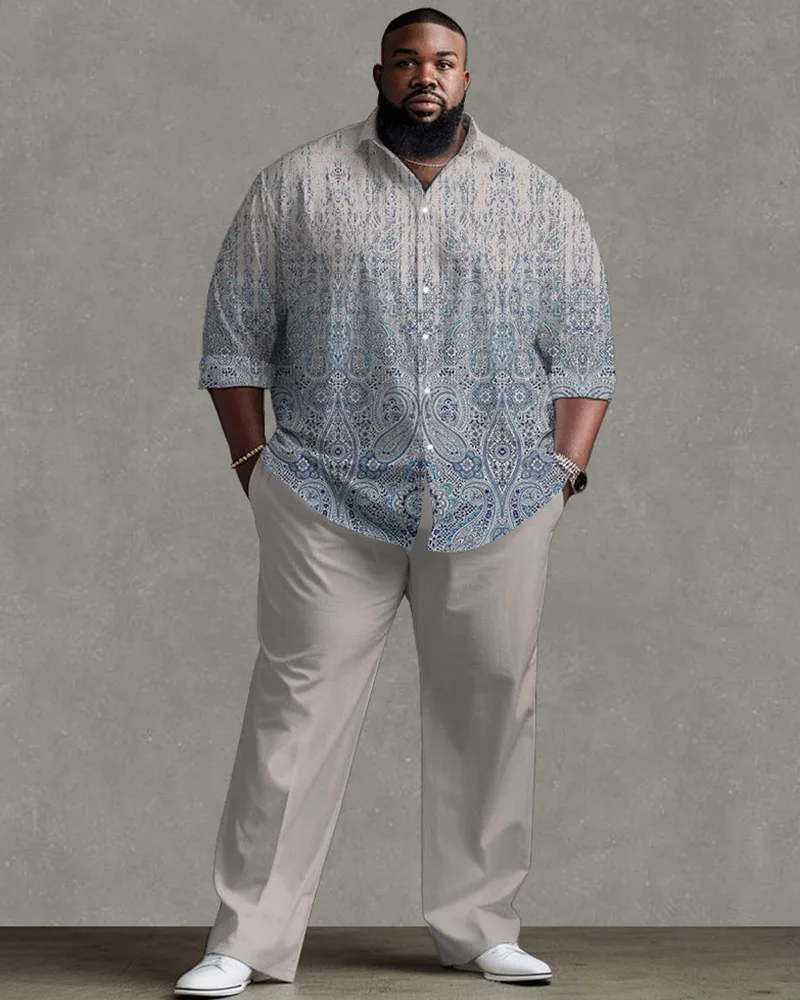 L-9XL Plus Size Men\'s Business Classical Vintage Traditional Floral Pattern Long Sleeve Shirt Straight Pants Suit ZOOY