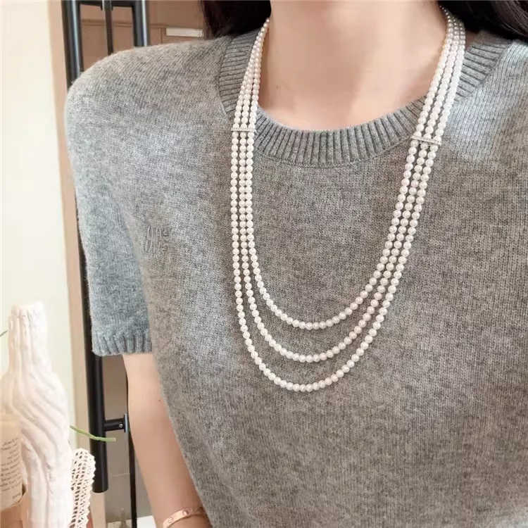 28'' 3 Strands White Pearl CZ Connector Necklace