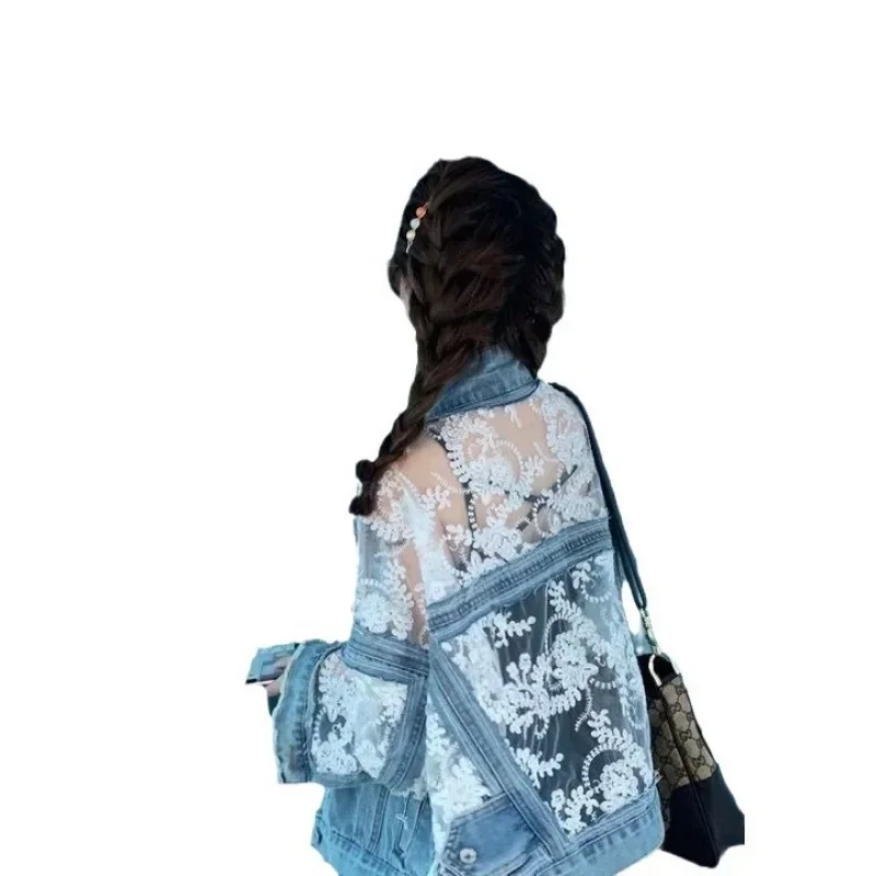 Chaquetas Mujer Summer Streetwear Embroidery Lace Patchwork Sexy Denim Jacket Women Frayed Tassel Loose Korea Blue Jean Coat 3XL