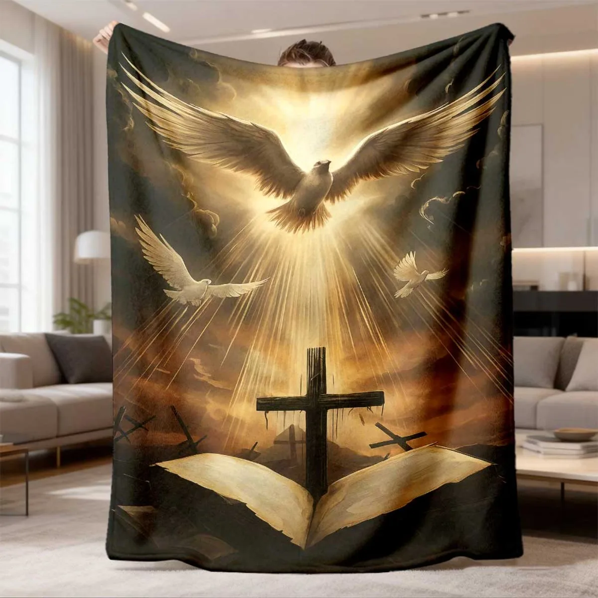 2026 New Arrival Flannel Blanket White Doves & Crosses Flannel Blanket Soft Lightweight AllSeason Bed, Sofa, Camping & Travel Th