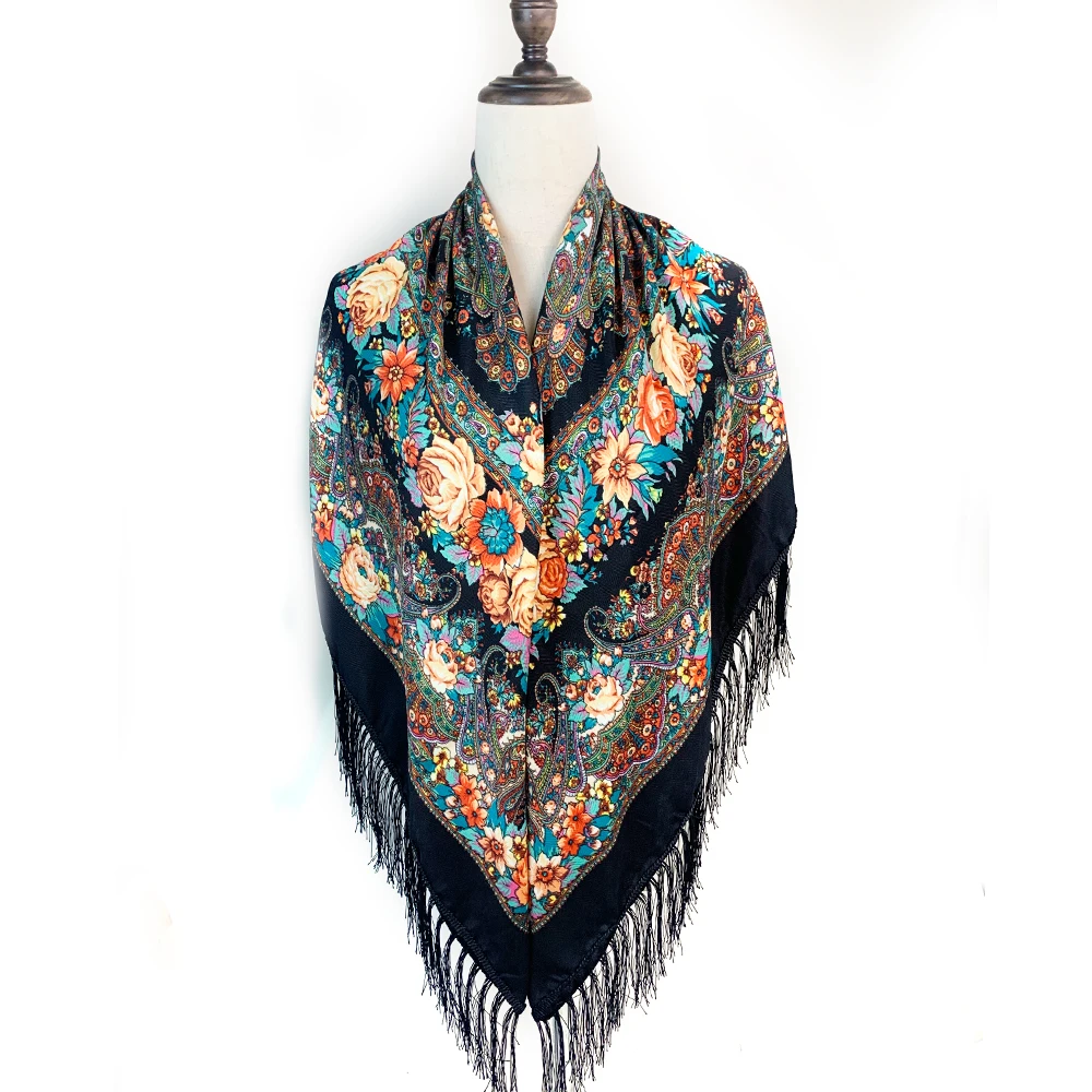 130*130 cm Luxe Bloemenprint Omzoomd Oekraïense Sjaal Vrouwen Russische Nationale Vierkante Sjaal Babushka Zakdoek Hoofd Wraps