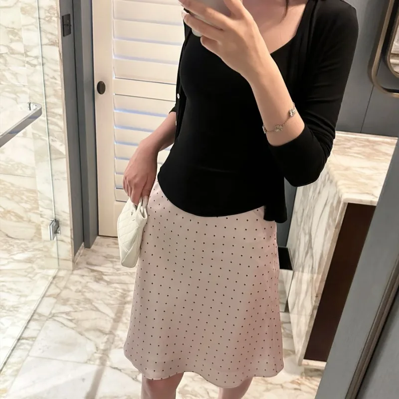 

Женский комплект из 3 предметов: черный кардиган, топ и юбка миди в горошек, элегантный офисный повседневный набор для женщин