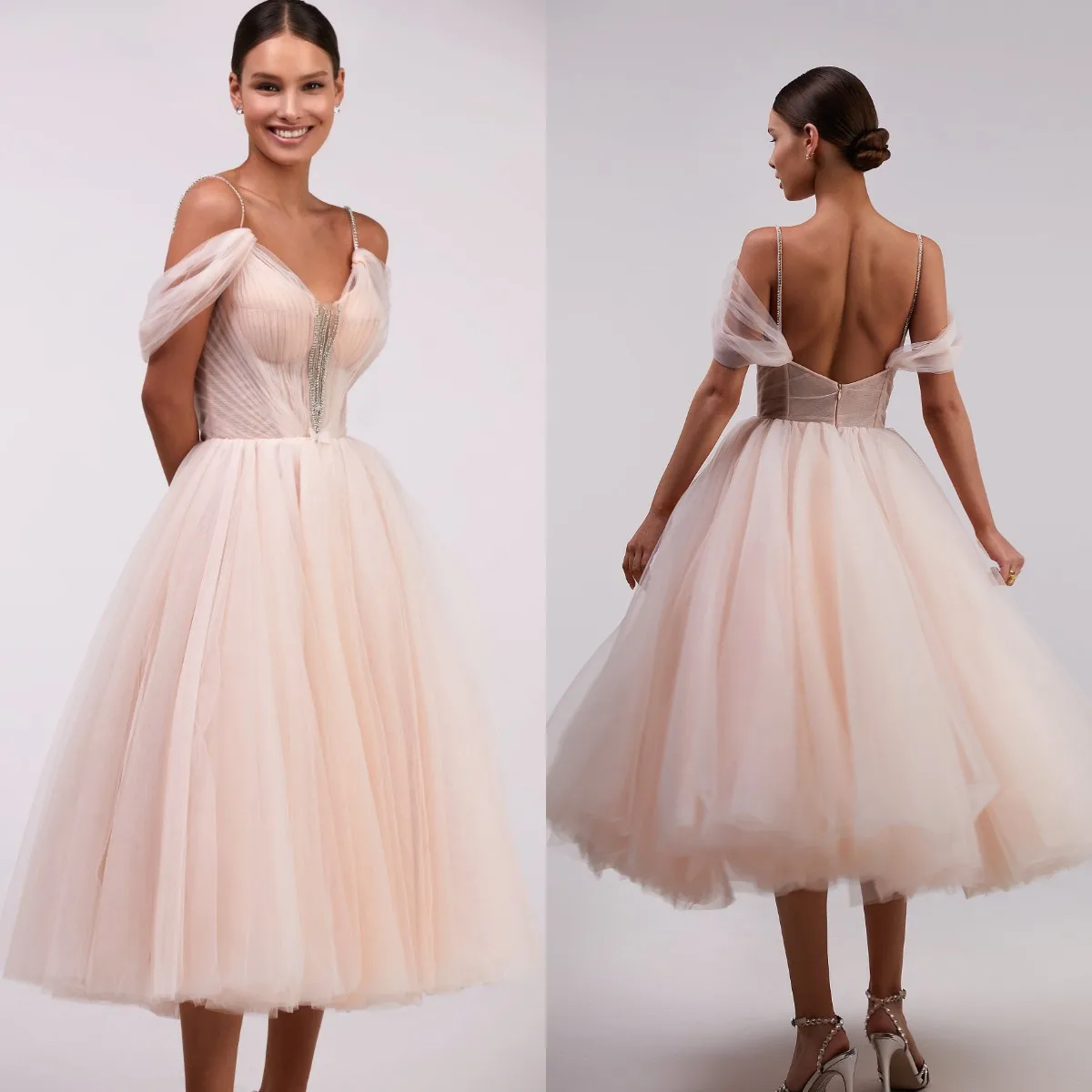 

Blush Pink Beaded Prom Dresses Maxi Tulle Spaghetti V Neck vestido de noche Evening Gowns Fashion Girls Photoshoot