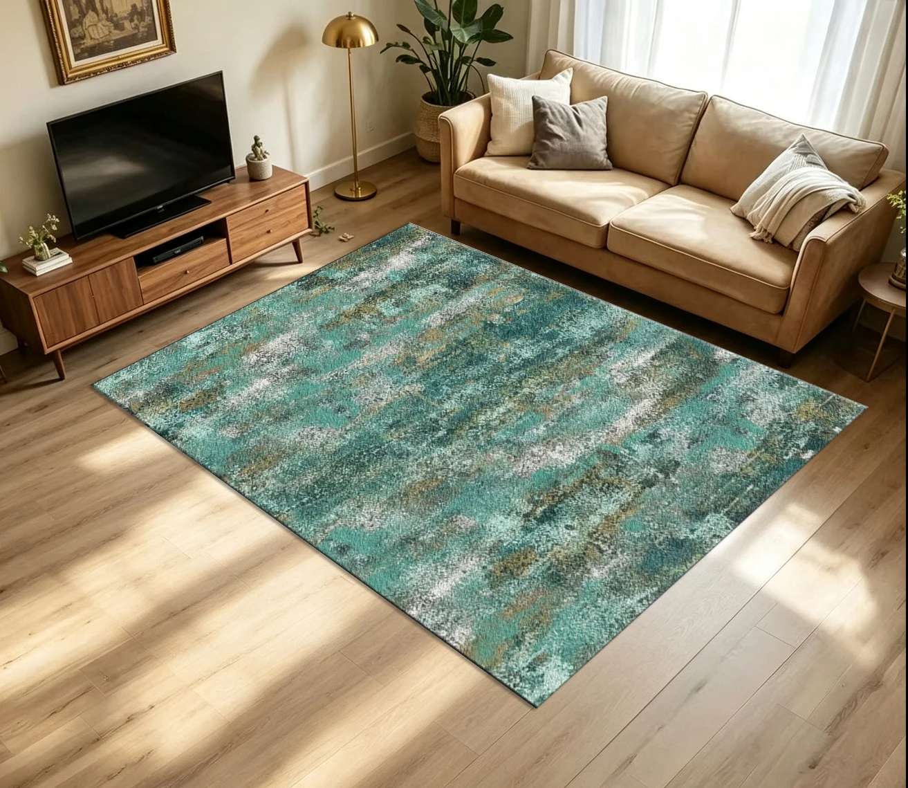 Teal Green Gold Vintage Brush Stroke Abstract Carpet Flooring Distressed Large Area Rug for Living Room Home Decor