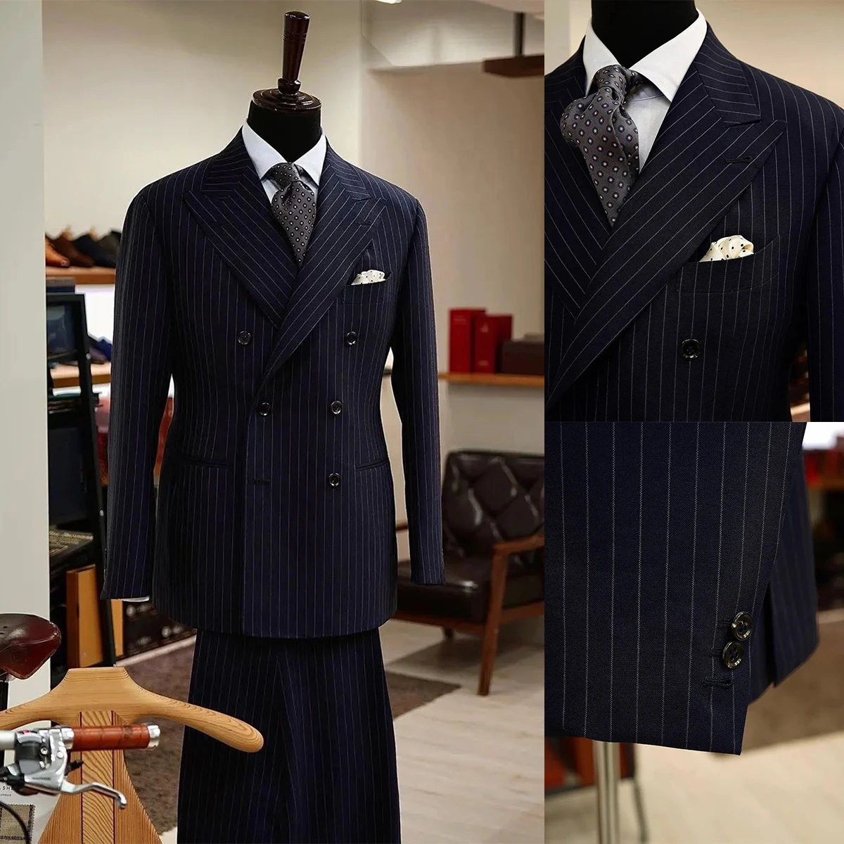 New Pinstripe Men's Suit 2 Pieces Blazer Jacket and Pants Custom Made Business Wear Wedding Groom Costume Homme
