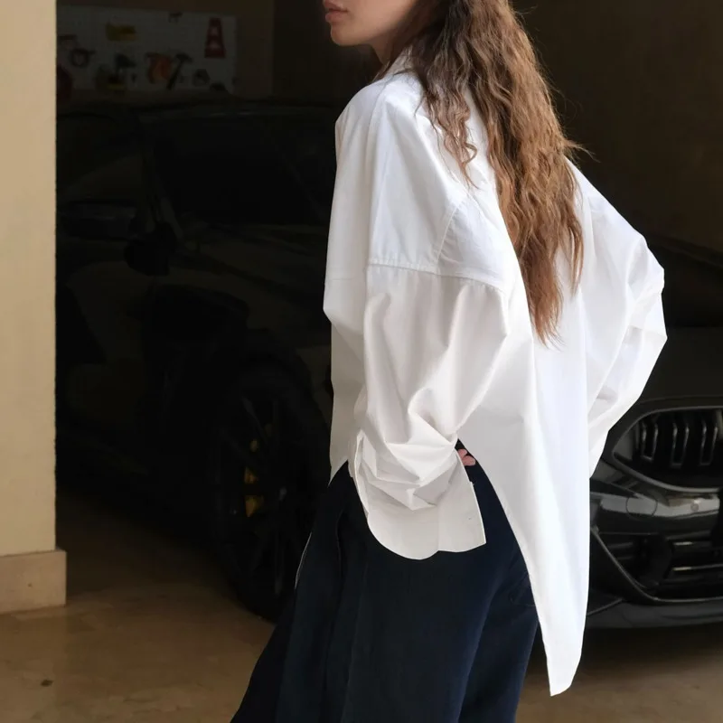 HKSH Autumn New Women Shirt Turn-down Collar Single Breasted Irregular Hem Solid Color Korean Office Lady Ins Casual Top HK11417