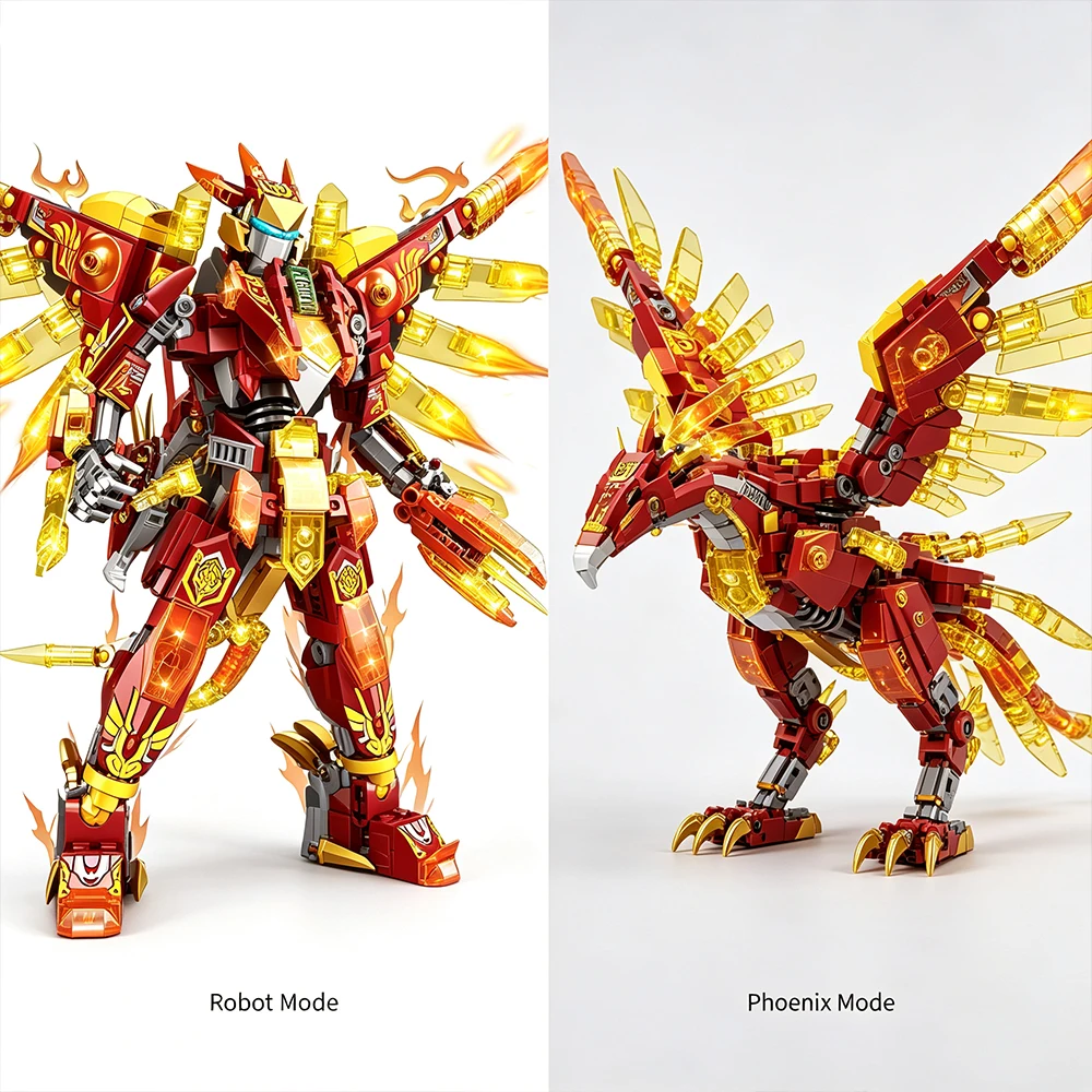 2‑in‑1 Transformable Phoenix Mecha Building Blocks Set for Adults, Dual Mode Humanoid Robot & Fire Bird Form, DIY Assembly Model