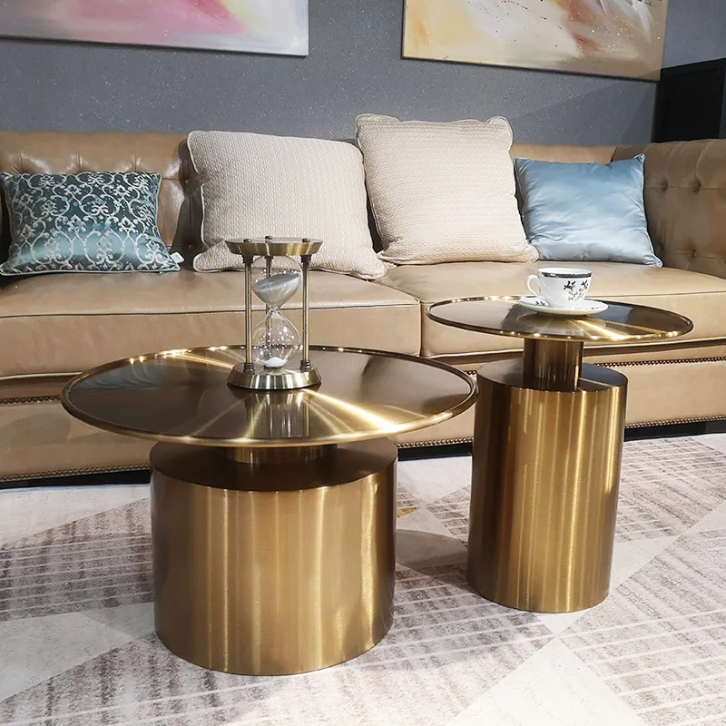 

Nordic stainless steel round edge table light luxury minimalist living room sofa corner table brushed brass small coffee table