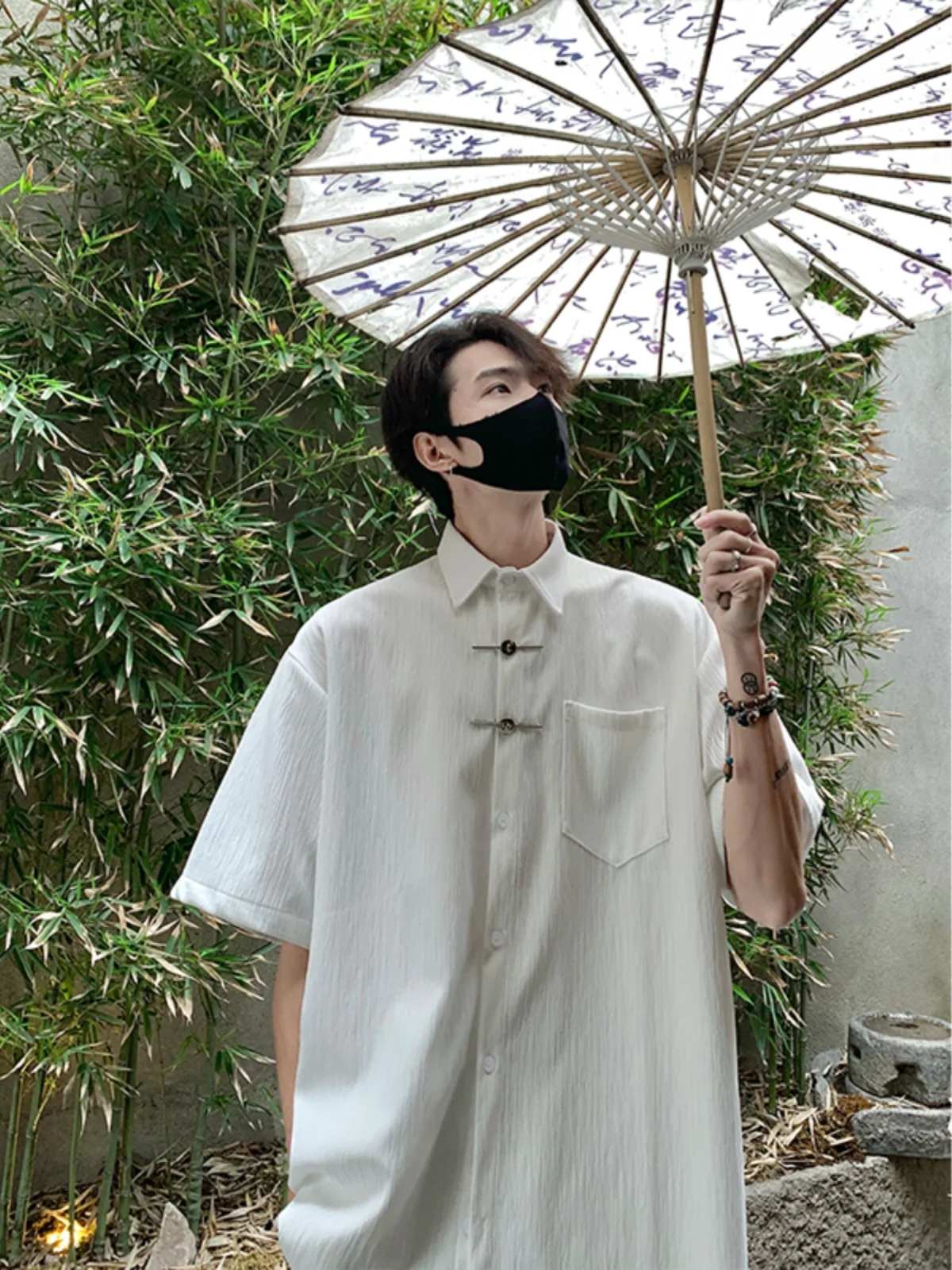 

New Chinese Style Men's Short Sleeve Shirt Metal Buckle Summer High Sensation Half Sleeve Shirt Outerwear Trendy Summer Top
