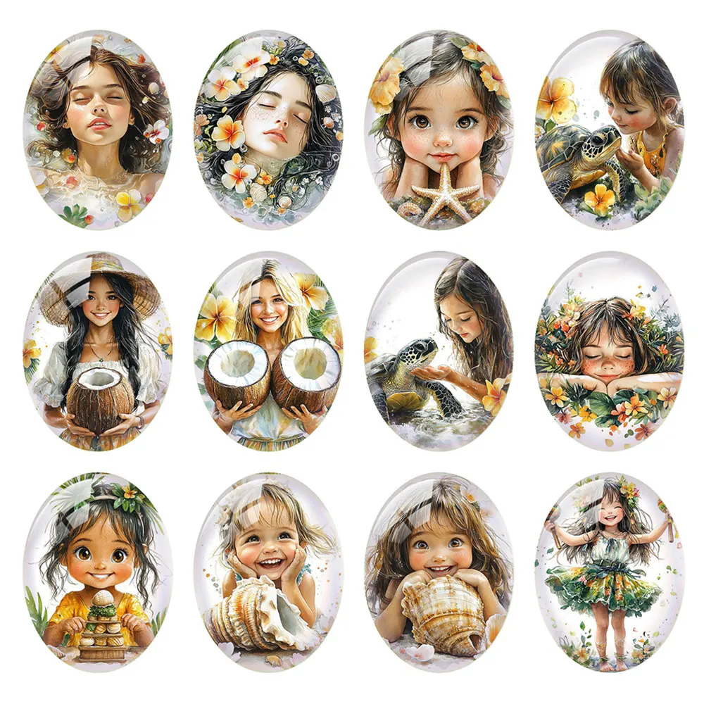 Random Mixed Round/Oval/Square Tropical Island Flower Girl Beach Photo Glass Cabochon Flatback Demo Cameo For Diy Jewelry Making