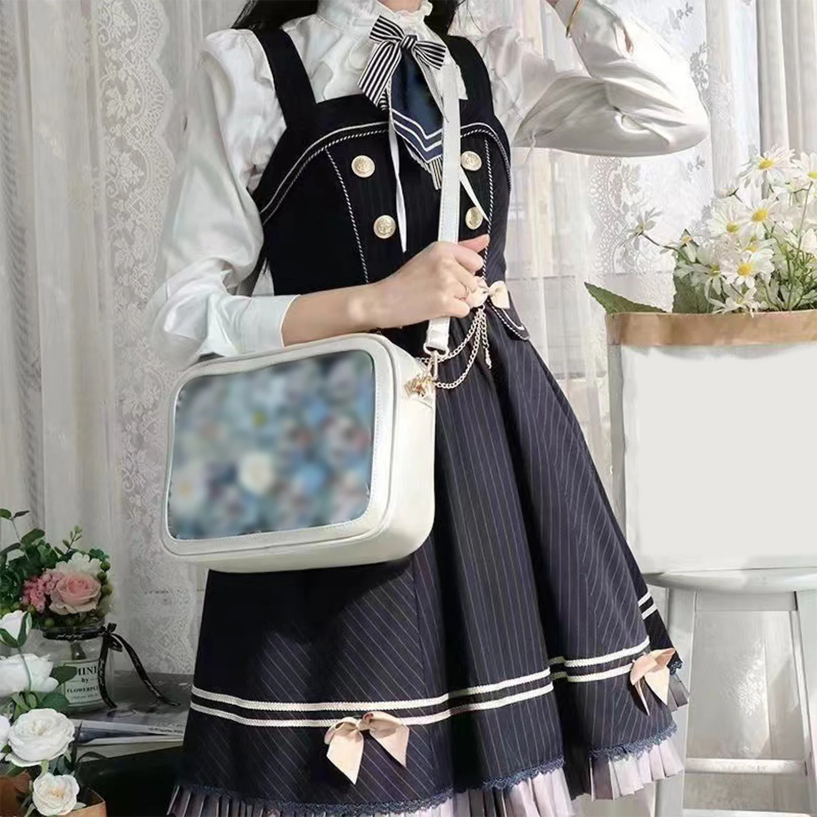 

Women Transparent Square Ita Bag W/ Pin Display Lolita Messenger Bag Cartoon Handbag
