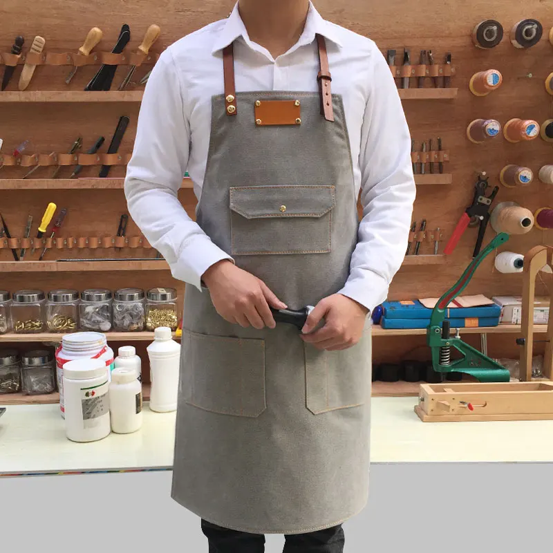 Korean Version Apron Light Gray Denim Canvas Work Clothes coffee Shop Restaurant Painting Genuine Leather Belt Apron Logo Custom