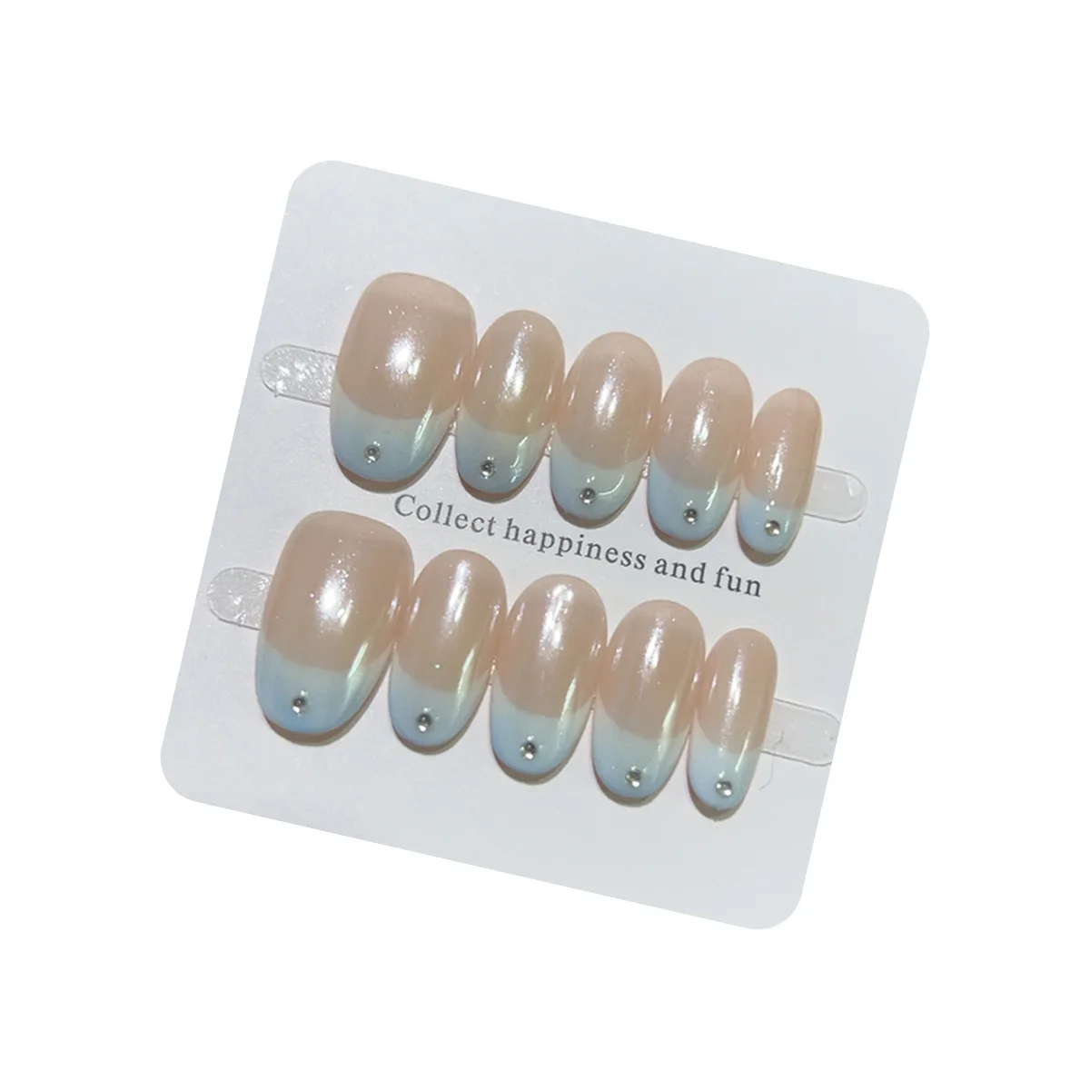 10 Stück handgemachte ovale Press-on-Nagel Französisch Blau Weiß Farbverlaufskante Strass Design Falscher Nagel Tragbarer süßer gefälschter Nagel für Mädchen