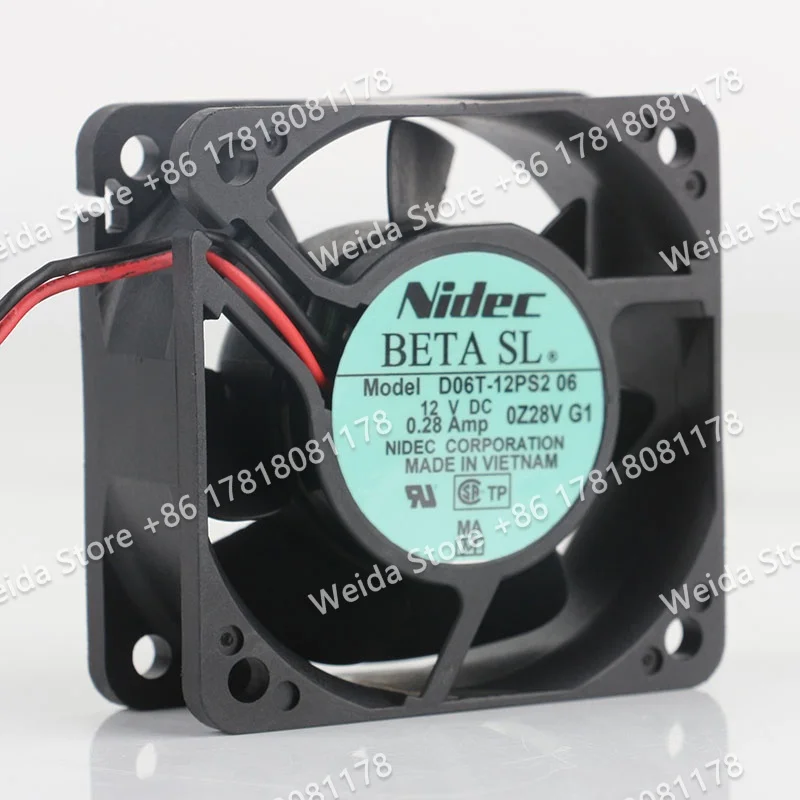 Original Nidec DC 12V 0.28A 6025 Inverter 60X60X25MM 6CM Two-wire D06T-12PS2 06 Double Ball Bearing Cooling fan